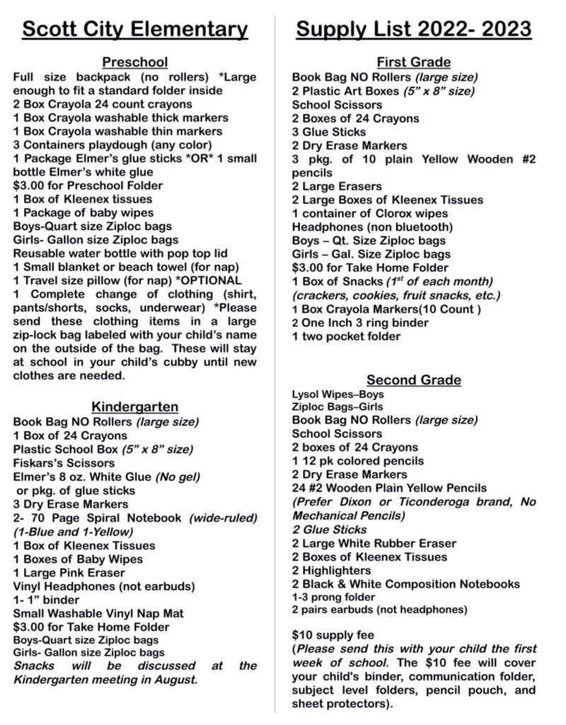 SCE School Supply List